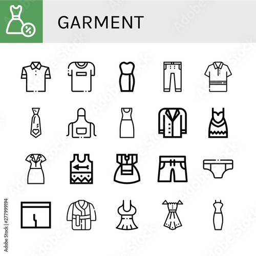 Set of garment icons such as Dress, Polo shirt, Tshirt, Jeans, Necktie, Apron, Jacket, Singlet, Swimming trunks, Underwear, Underpants, Bath robe , garment