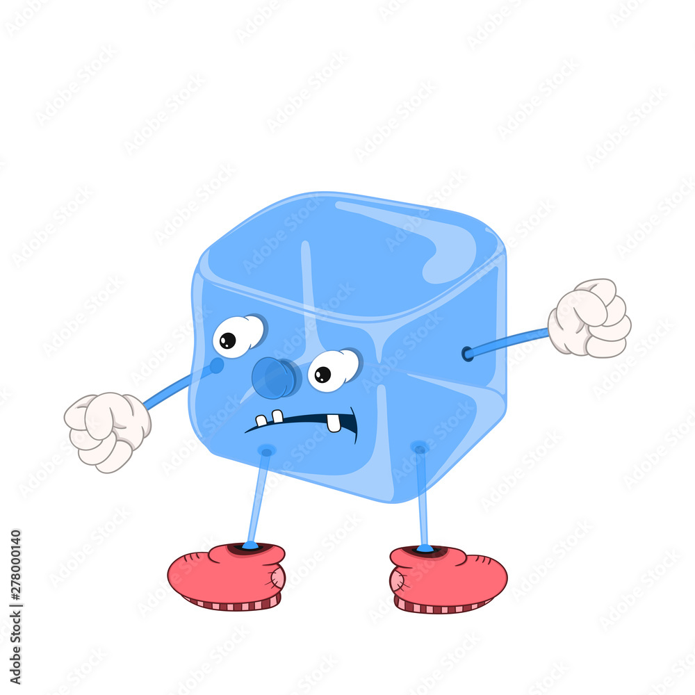 Vecteur Stock Funny cartoon blue ice cube with eyes, arms and legs in  shoes, angry and threatens with a fist. | Adobe Stock
