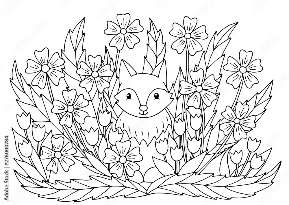 Fototapeta premium Coloring page with flowers and cute fox