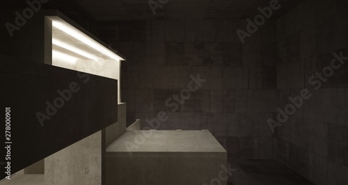 Abstract architectural brown and beige concrete interior of a minimalist house with neon lighting. 3D illustration and rendering.
