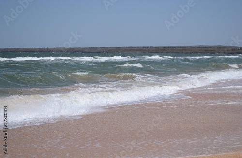 Sea view with waves and sandy beach.
