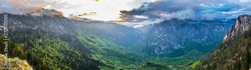 Montenegro  XXL landscape panorama from aerial view over tara river canyon landscape at dawn from mountain peak in durmitor national park near zabljak
