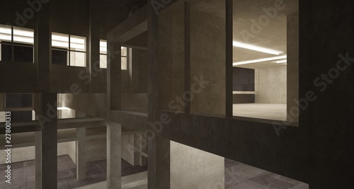 Abstract architectural brown and beige concrete interior of a minimalist house with neon lighting. 3D illustration and rendering.