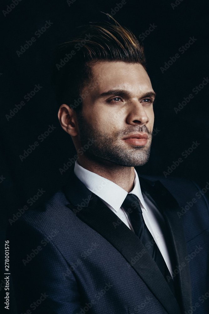 Fashion male portrait in a studio. Formal black suit. Fashion male portrait in a studio. Formal black suit.
