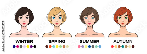 Set of Seasonal color types for women skin beauty with relevant colors. Summer, Autumn, Winter, Spring. Vector illustration