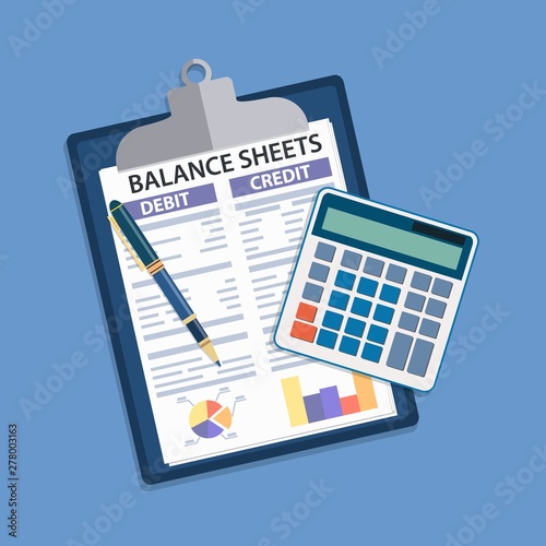 Clipboard with balance sheet and pen. Financial reports statement, calculator and documents. Accounting, bookkeeping, debit and credit calculations. Vector illustration in flat style photo