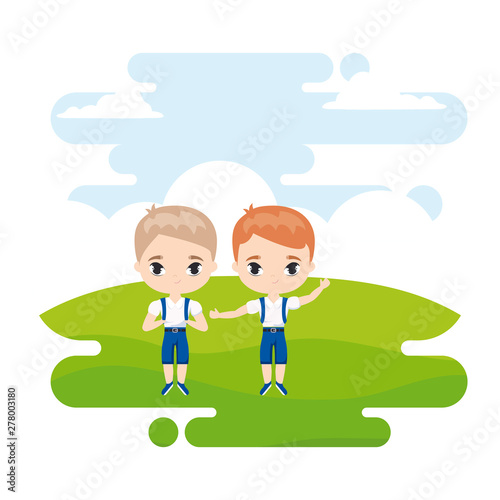 cute little student kids in landscape scene