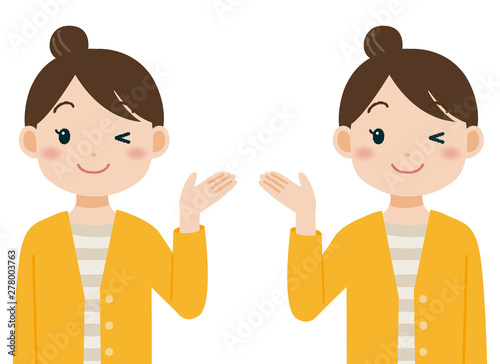 ウインクして手を差し出す女性　案内