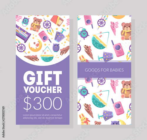 Baby Goods Gift Voucher Template, Kids Store Certificate or Coupon with Cute Childish Pattern, Design Element for Voucher, Flyer Vector Illustration