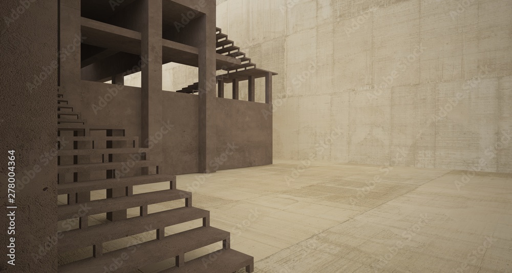 Abstract architectural brown and beige concrete interior of a minimalist house with white background . 3D illustration and rendering.
