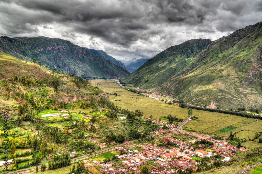 Fotografie, Obraz Aerial Landscape panoramic view to Urubamba river and sacred valley from Taray v