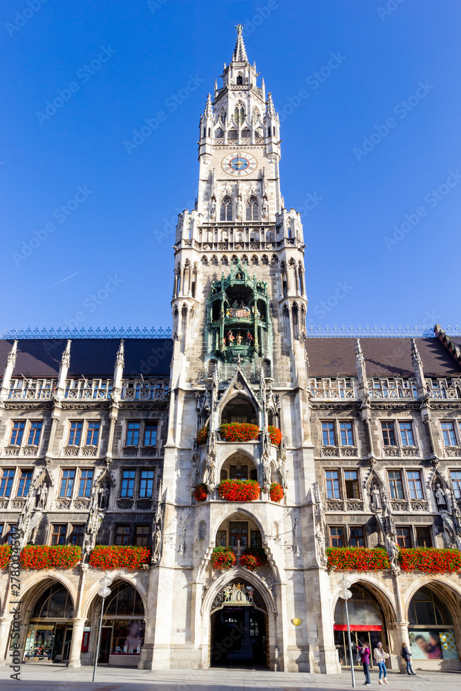 New Town Hall with clock tower on central Marienplatz square in Munich, Bavaria, Germany
