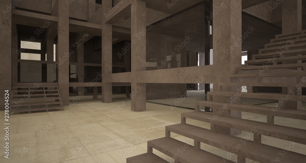Abstract architectural brown and beige concrete interior of a minimalist house with white background . 3D illustration and rendering. Abstract architectural brown and beige concrete interior of a minimalist house with white background . 3D illustration and rendering.