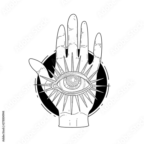 Mysterious Divine Hand and Providence Eye, Esoteric Occult Symbol Hand Drawn Monochrome Vector Illustration