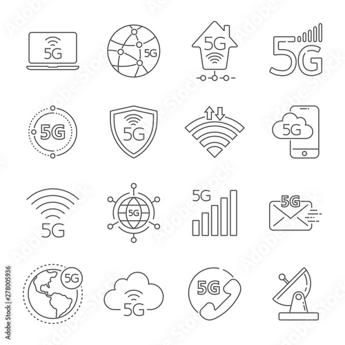 5G technology icons set. 5th generation mobile network, high speed connection wireless systems. Set of 5G technology vector icons for web design, UI, apps. Editable Stroke. EPS 10.