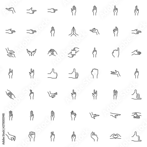 Hand gestures line icons set. linear style symbols collection outline signs pack. vector graphics. Set includes icons as Thumb up, Forefinger showing right, Greeting hand, Framing hands, Middle finger
