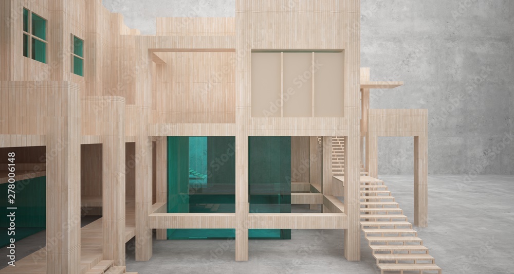 Abstract architectural concrete, wood and glass interior of a minimalist house. 3D illustration and rendering. Abstract architectural concrete, wood and glass interior of a minimalist house. 3D illustration and rendering.
