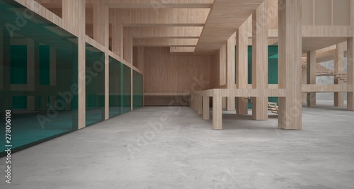 Abstract architectural concrete  wood and glass interior of a minimalist house. 3D illustration and rendering.