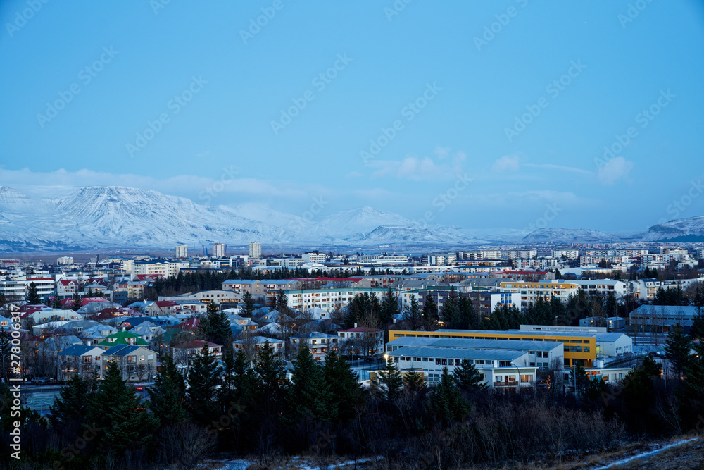 High Quality 120° Panorama of Reykjavik city after sunset during winter with snowcapped mountain viewin the background from perlan (pic 6/7)
