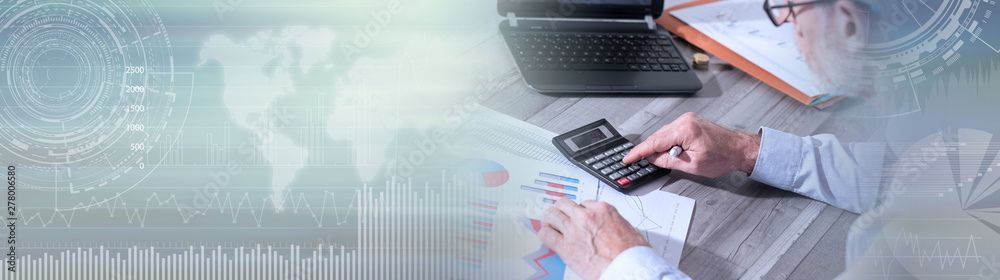 Accountant working on financial documents; panoramic banner Accountant working on financial documents; panoramic banner