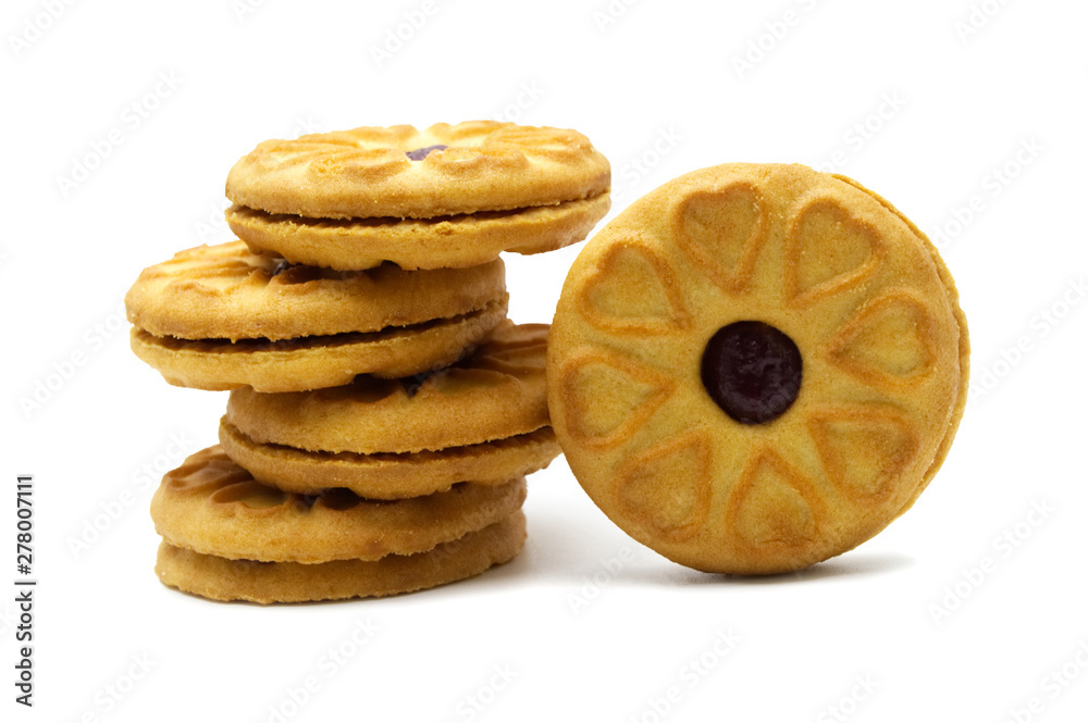 Biscuits cracker homemade. Sandwich cookies filled with a Blueberry jam and sweet  flavored. The circle has a heart around design. Isolated on white background.