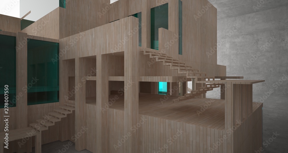 Abstract architectural concrete, wood and glass interior of a minimalist house. 3D illustration and rendering. Abstract architectural concrete, wood and glass interior of a minimalist house. 3D illustration and rendering.
