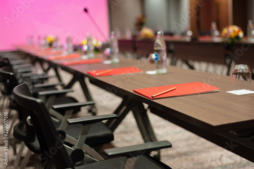 Closeup setting conference room before meeting