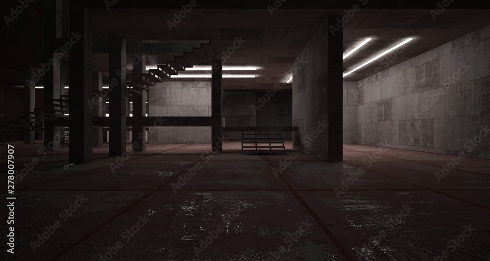 Abstract architectural concrete  and rusted metal interior of a minimalist house with neon lighting. 3D illustration and rendering.