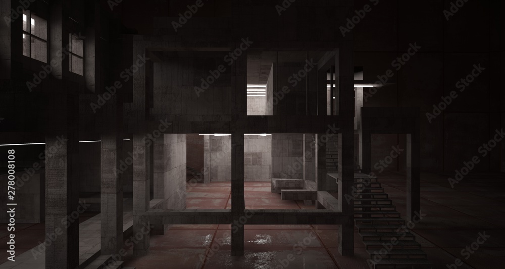 Abstract architectural concrete and rusted metal interior of a minimalist house with neon lighting. 3D illustration and rendering. Abstract architectural concrete and rusted metal interior of a minimalist house with neon lighting. 3D illustration and rendering.