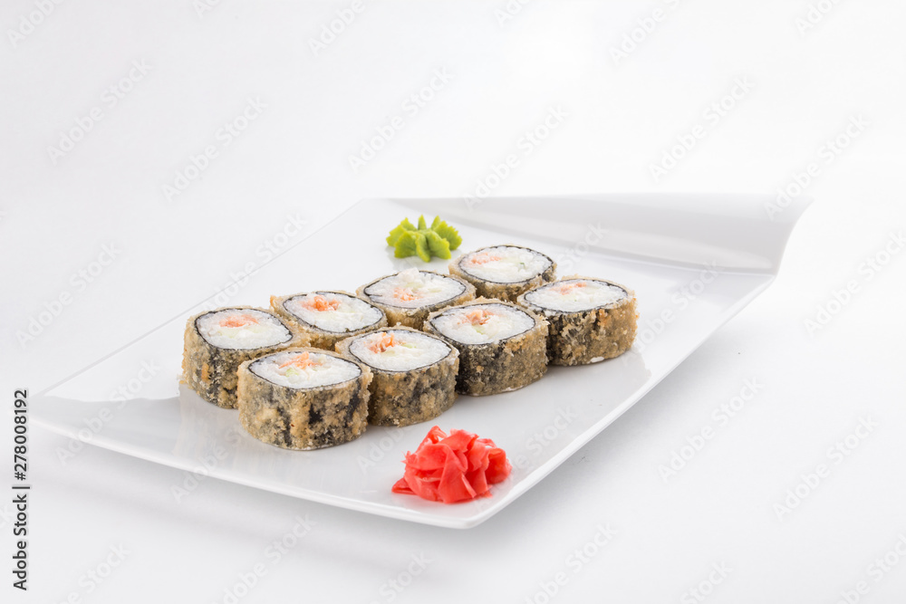 tempura sushi maki roll with salmon and cream cheese japanese food isolated on white background