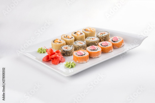 Japanese food restaurant sushi maki roll plate or platter set isolated on white background