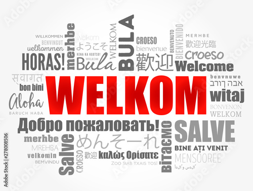 Welkom (Welcome in Afrikaans) word cloud in different languages, conceptual background photo