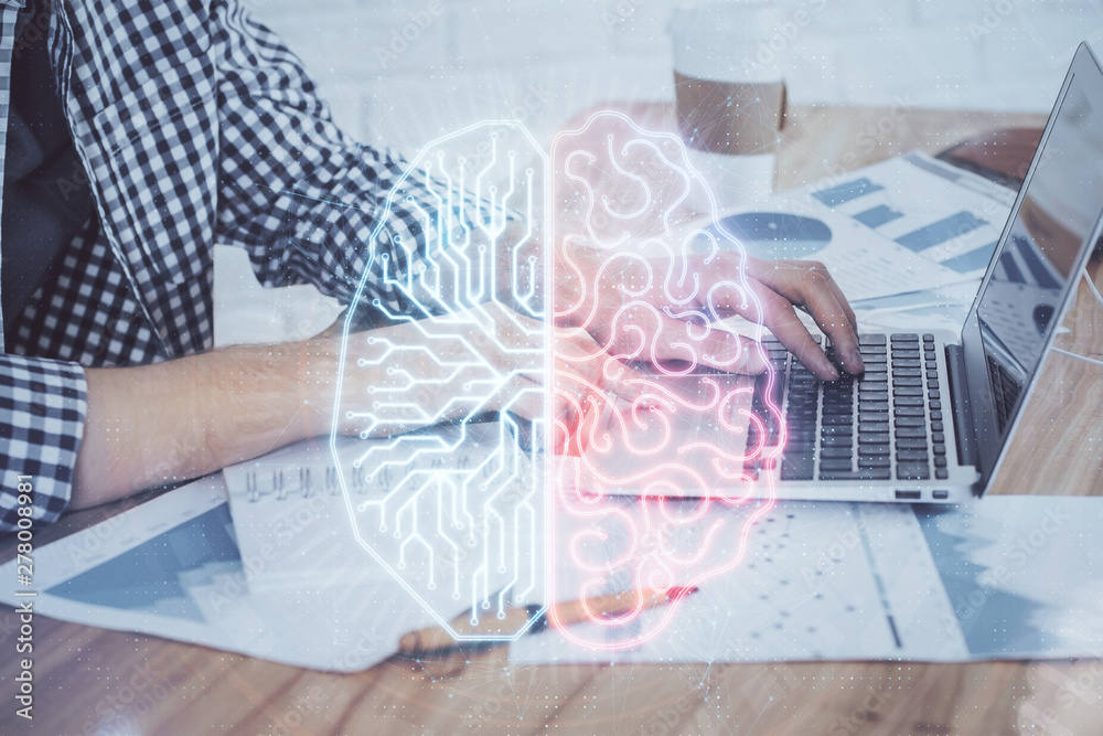 Man typing on keyboard background with brain hologram. Concept of big Data. Double exposure. Man typing on keyboard background with brain hologram. Concept of big Data. Double exposure.
