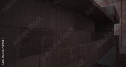 Abstract architectural concrete and rusted metal interior of a minimalist house with white background . 3D illustration and rendering.