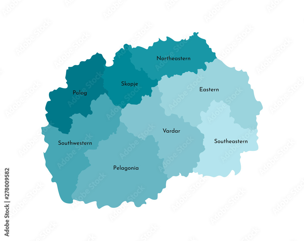 Vector isolated illustration of simplified administrative map of North Macedonia﻿. Borders and names of the regions. Colorful blue khaki silhouettes