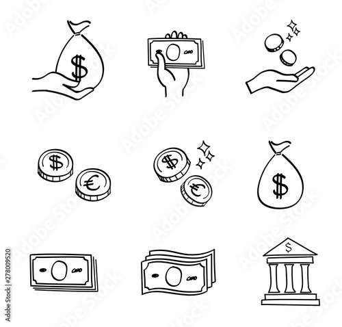 Money icon set - hand drawn style