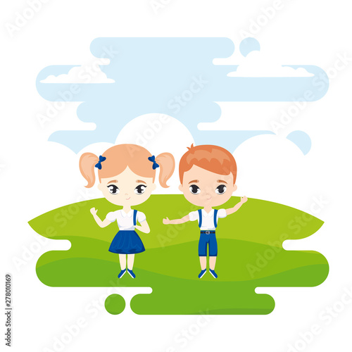 cute little students in landscape scene