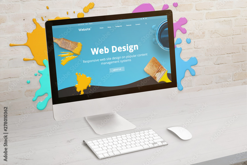 Concept of web design studio with coimputer display and color drops on brick wall. Modern web design teme on screen. Concept of modern graphic studio desk. - obrazy, fototapety, plakaty 