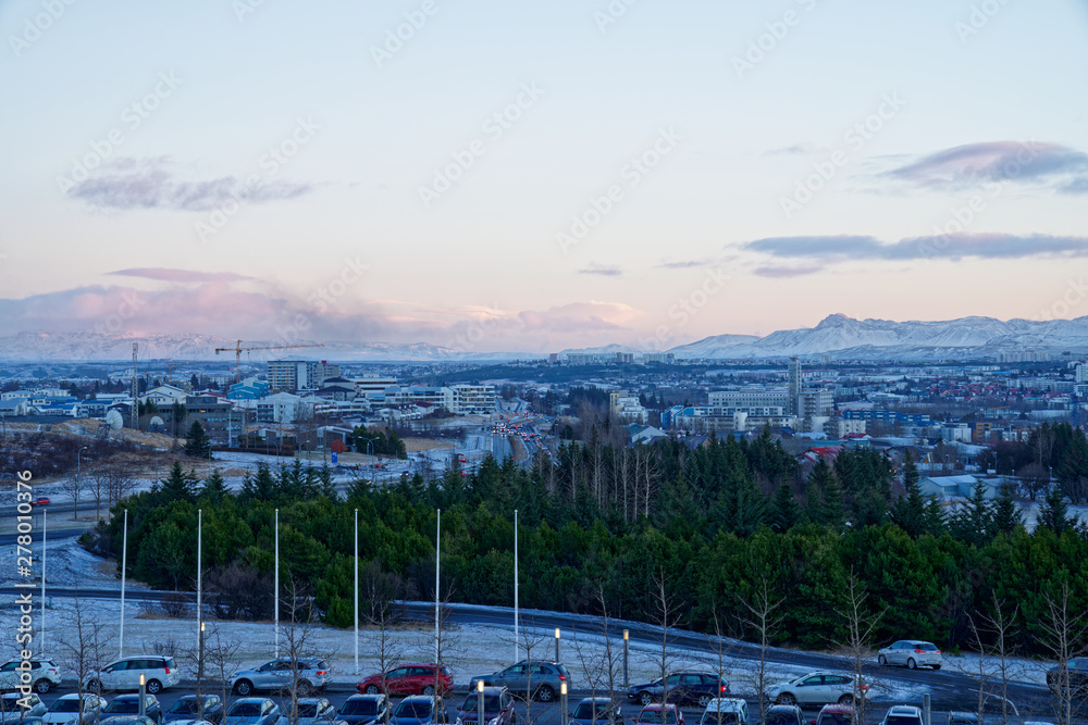 Panorama of West Reykjavik city during winter with view from Perlan