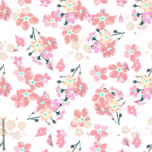 gentle little flowers and petals flying aside the botanical pattern of small colored wildflowers