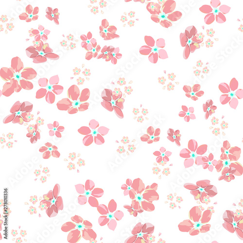 gentle little flowers and petals flying aside the botanical pattern of small colored wildflowers