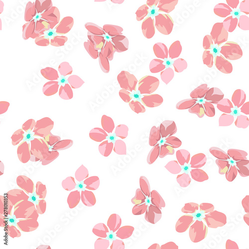 gentle little flowers and petals flying aside the botanical pattern of small colored wildflowers
