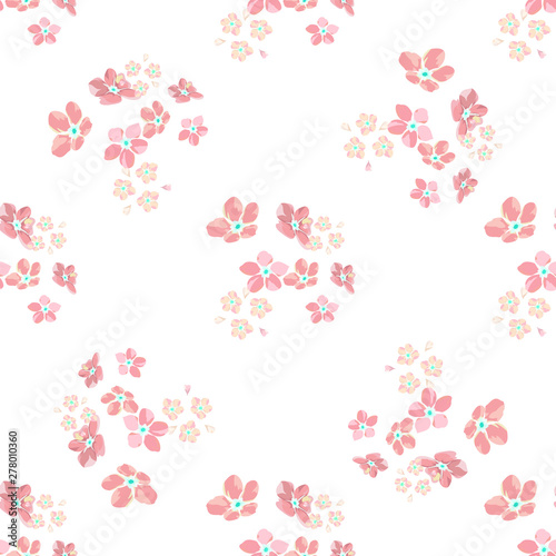 gentle little flowers and petals flying aside the botanical pattern of small colored wildflowers