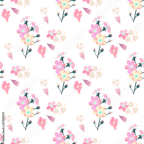 gentle little flowers and petals flying aside the botanical pattern of small colored wildflowers