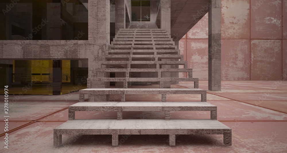 Abstract architectural concrete and rusted metal interior of a minimalist house with white background . 3D illustration and rendering. Abstract architectural concrete and rusted metal interior of a minimalist house with white background . 3D illustration and rendering.