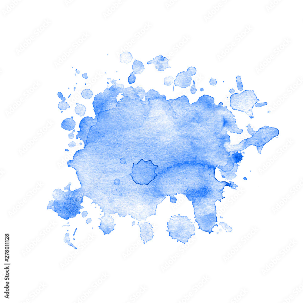 Watercolor blot of blue with splashes and stains.