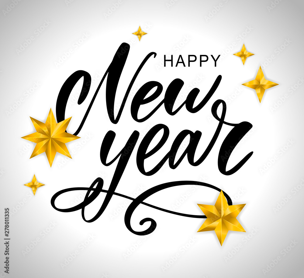 Happy 2020 New Year. Holiday Vector Illustration With Lettering Composition And Burst. Vintage festive label Happy 2020 New Year. Holiday Vector Illustration With Lettering Composition And Burst. Vintage festive label