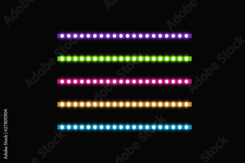 Various LED stripes on a black background, glowing LED garlands. Set of pink, yellow, purple, blue, green glowing decorative tapes of diode ecological lamps light effect for banners, web-sites.