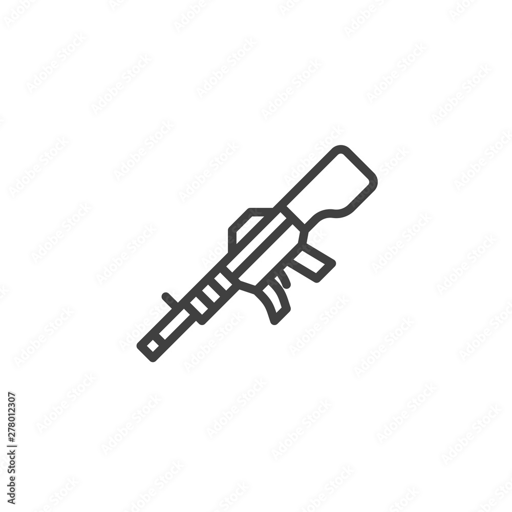 Machine gun line icon. linear style sign for mobile concept and web design. Automatic rifle outline vector icon. Ammunition symbol, logo illustration. Vector graphics Machine gun line icon. linear style sign for mobile concept and web design. Automatic rifle outline vector icon. Ammunition symbol, logo illustration. Vector graphics