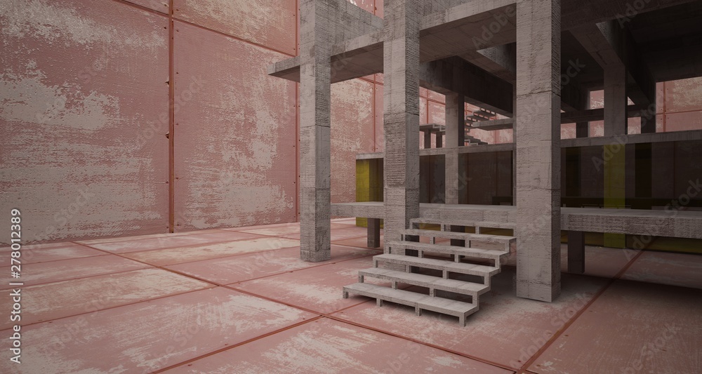 Abstract architectural concrete and rusted metal interior of a minimalist house with white background . 3D illustration and rendering. Abstract architectural concrete and rusted metal interior of a minimalist house with white background . 3D illustration and rendering.